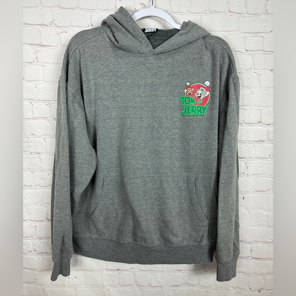 Tom‎ & Jerry Graphic Hoodie Sweatshirt Unisex gray Licensed Santa Hats sz XL